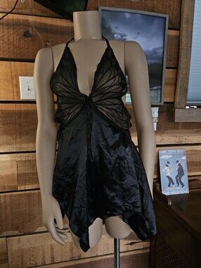 Sheer Butterfly Lace Halter Babydoll Nightdress in Black Whimsigoth Rave Large
